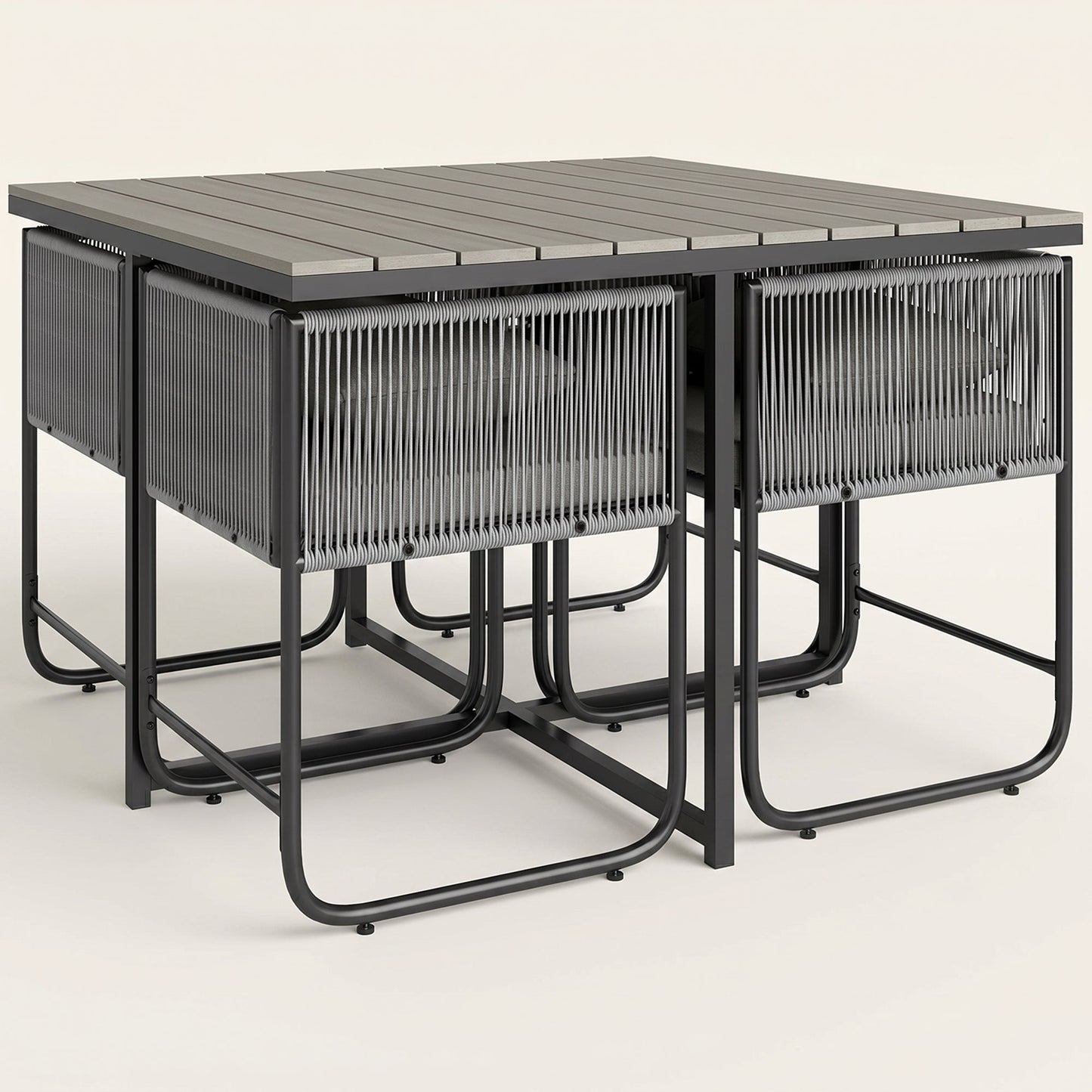 ARVOYA 4 Seater Rattan Garden Furniture Set with Armchairs, Cushions & Wood Grain Top Table, Grey