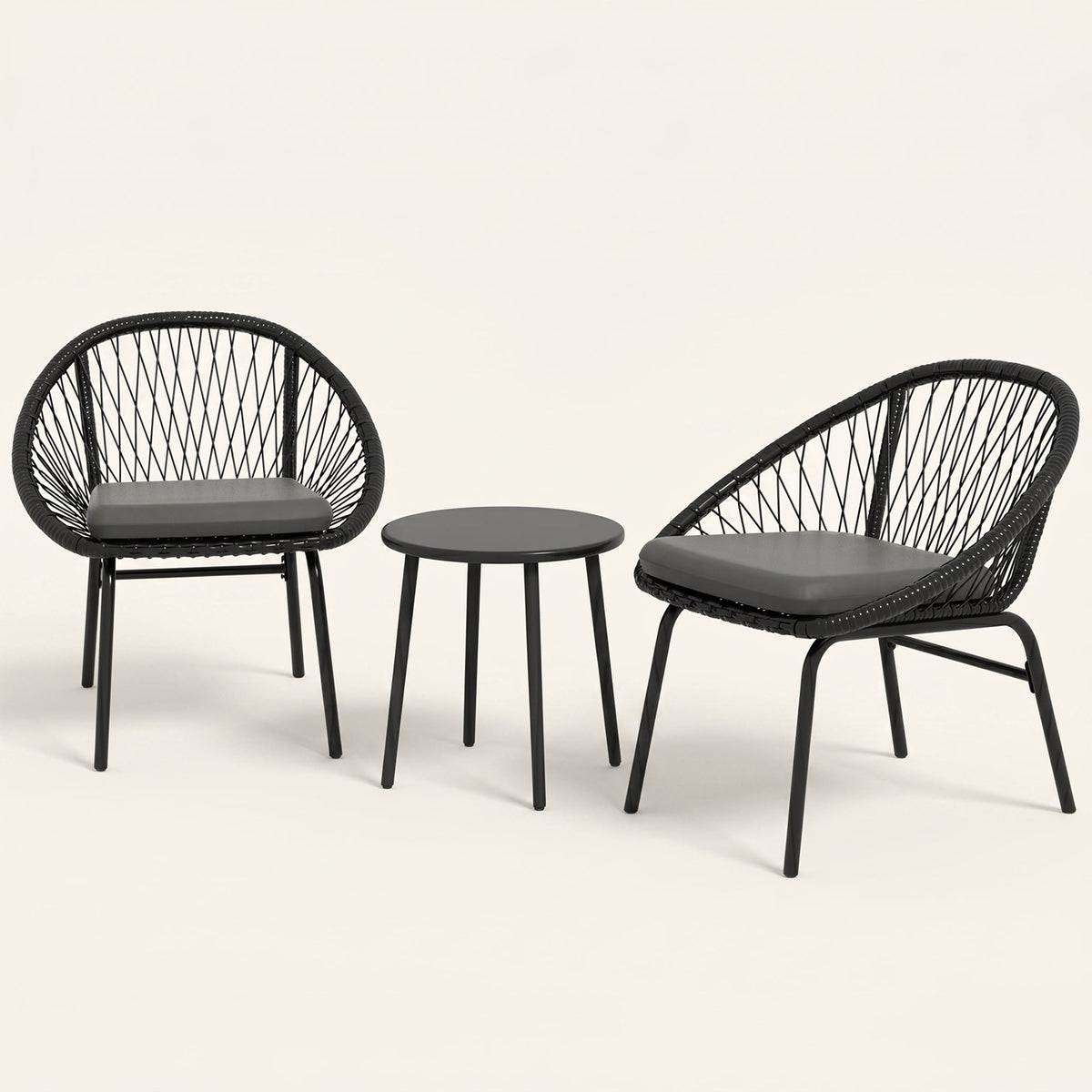 ARVOYA 3 Pieces Garden Rattan Bistro Set with Chairs, Round Coffee Table & Cushions, Black