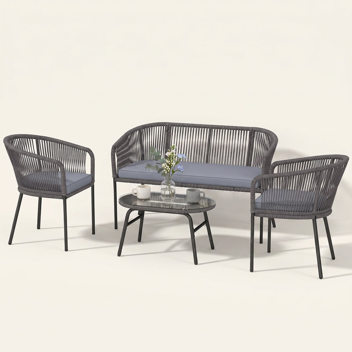 ARVOYA 4-Piece Rope Sofa Set with Loveseat, 2 Chairs & Tempered Glass Table, Dark Grey