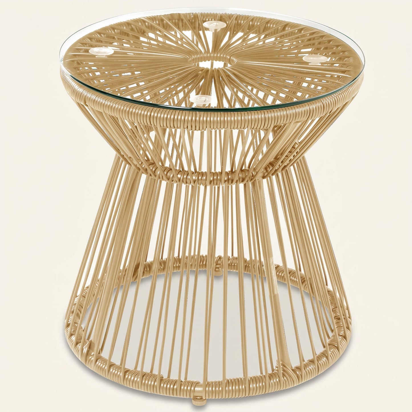 ARVOYA Round PE Rattan Side Table with Tempered Glass Top & Hollow Drum Design, Natural
