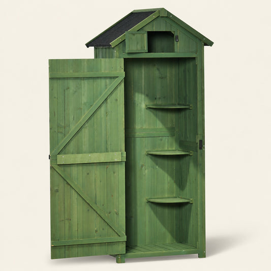 Wooden Outdoor Storage Cabinet with Shelves Tilt Roof & Lockable Double Doors Dark Green