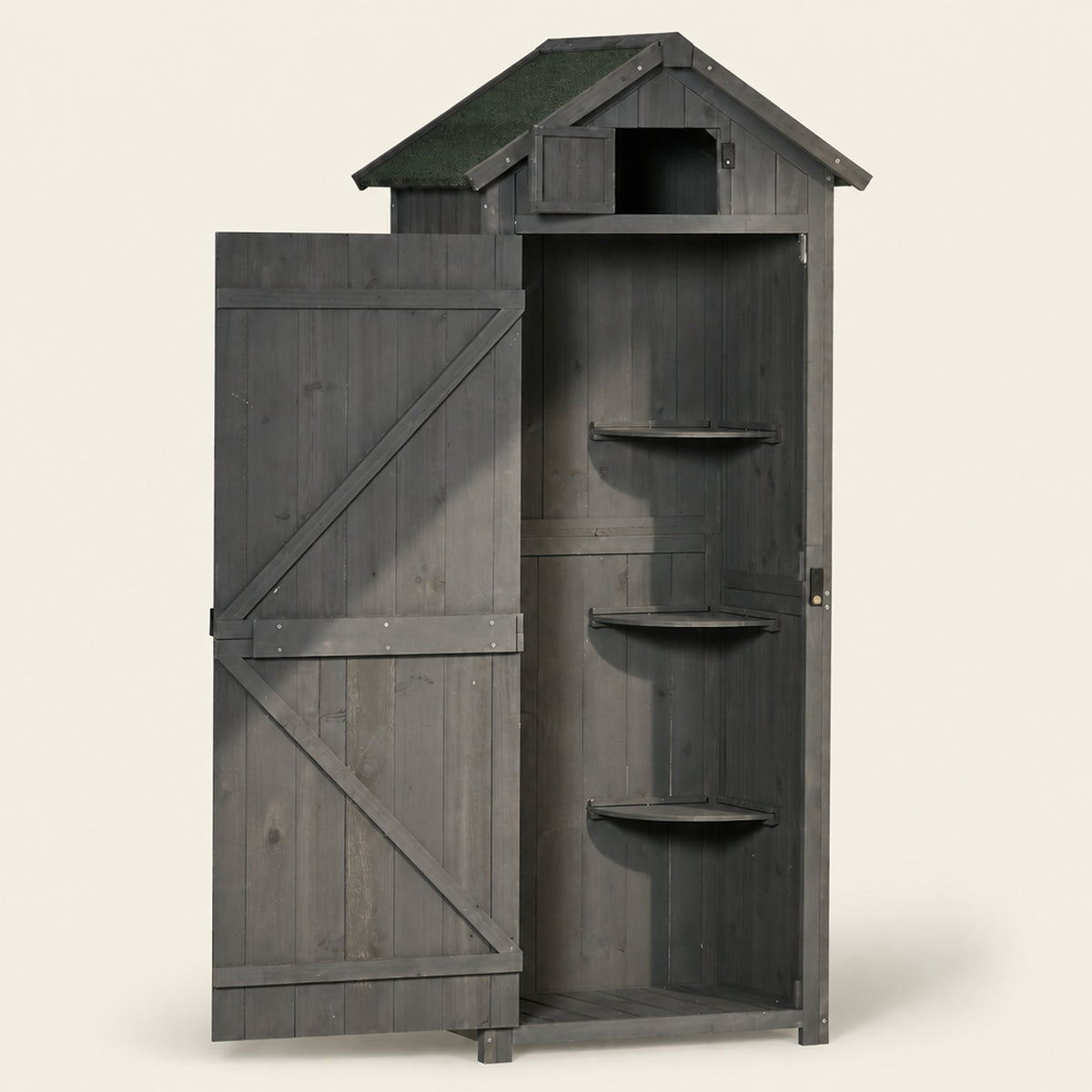 ROWAN Wooden Storage Cabinet w/ Shelves, Tilt Roof & Lockable Double Doors, Grey