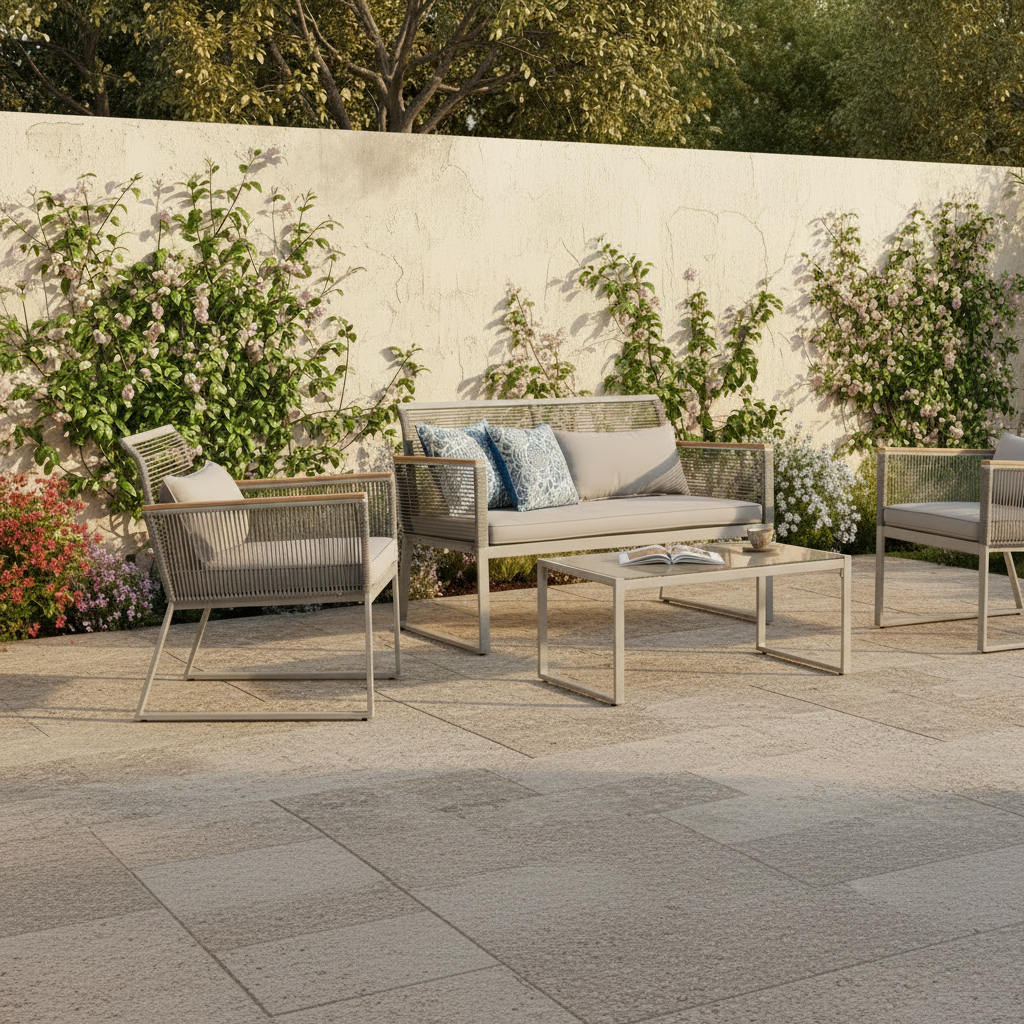 ARVOYA 4 Piece Rattan Garden Furniture Set with Cushions & Glass Top Table, Grey