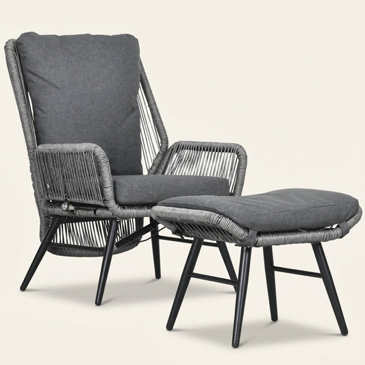 ARVOYA 2 Pieces PE Rattan Garden Leisure Chair Set w/ Adjustable Backrest & Footrest, Light Grey