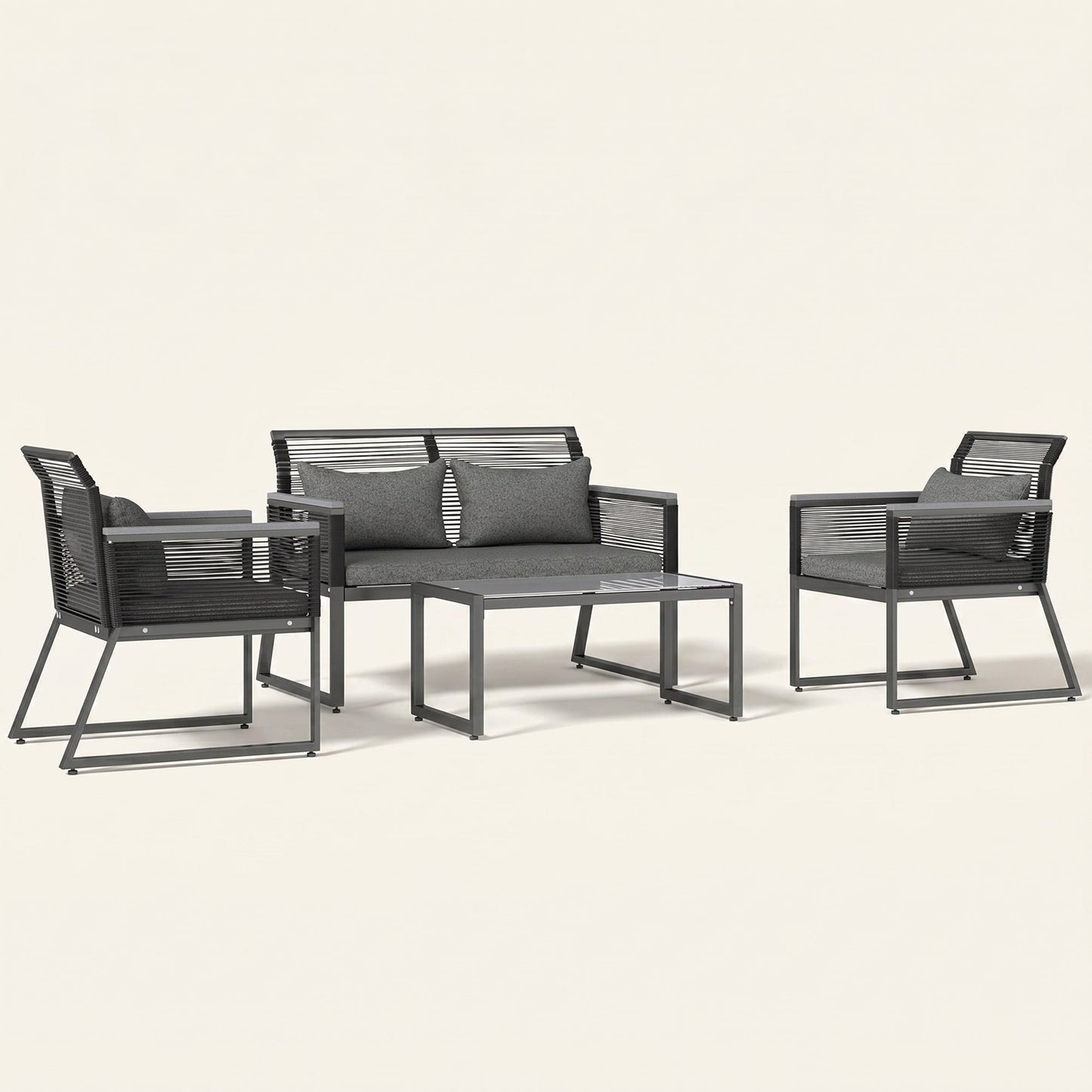 ARVOYA 4 Piece Rattan Garden Furniture Set with Cushions & Glass Top Table, Charcoal Grey