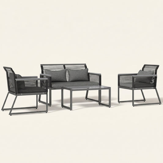 ARVOYA 4 Piece Rattan Garden Furniture Set with Cushions & Glass Top Table, Charcoal Grey