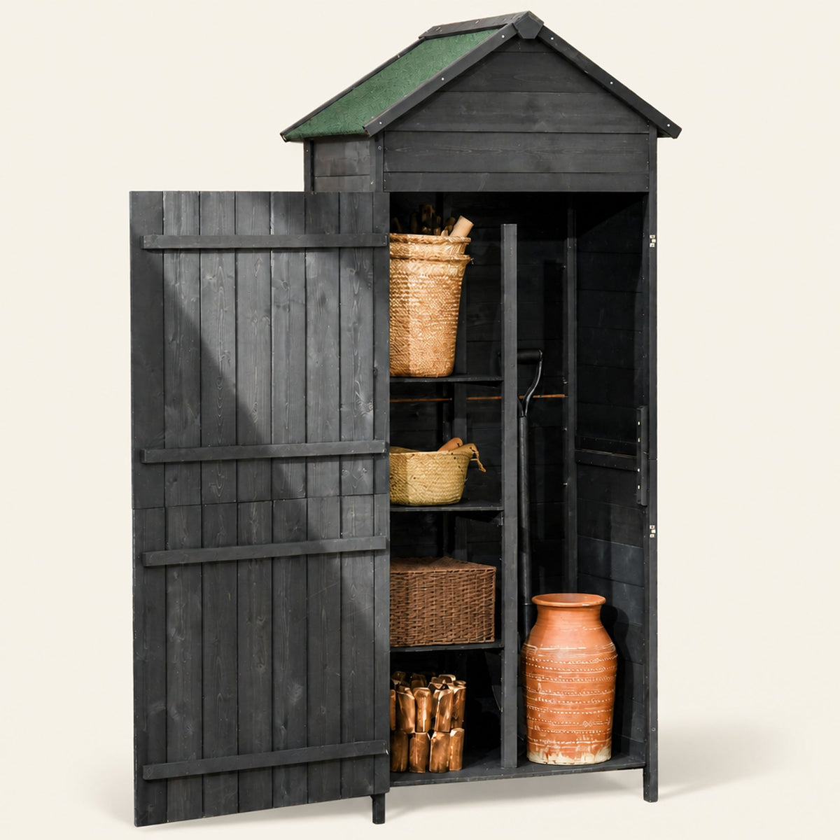 ROWAN Wooden Storage Shed with Lockable Double Doors & Shelves, Grey
