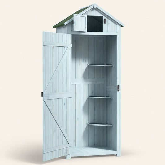 ROWAN Wooden Storage Cabinet w/ Shelves, Tilt Roof & Lockable Double Doors, Blue