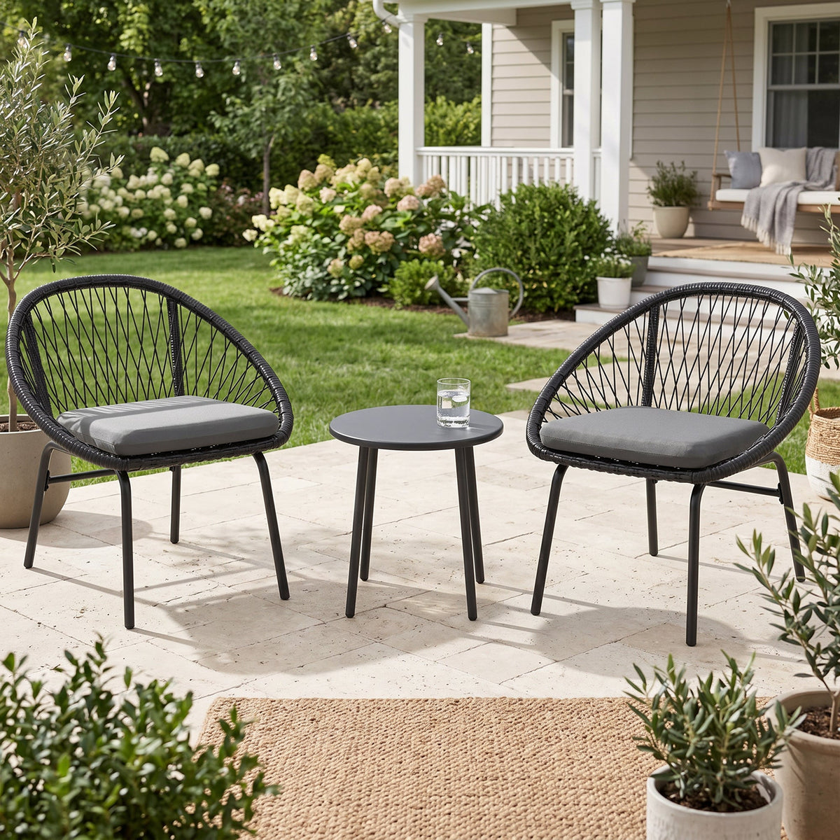 ARVOYA 3 Pieces Garden Rattan Bistro Set with Chairs, Round Coffee Table & Cushions, Black