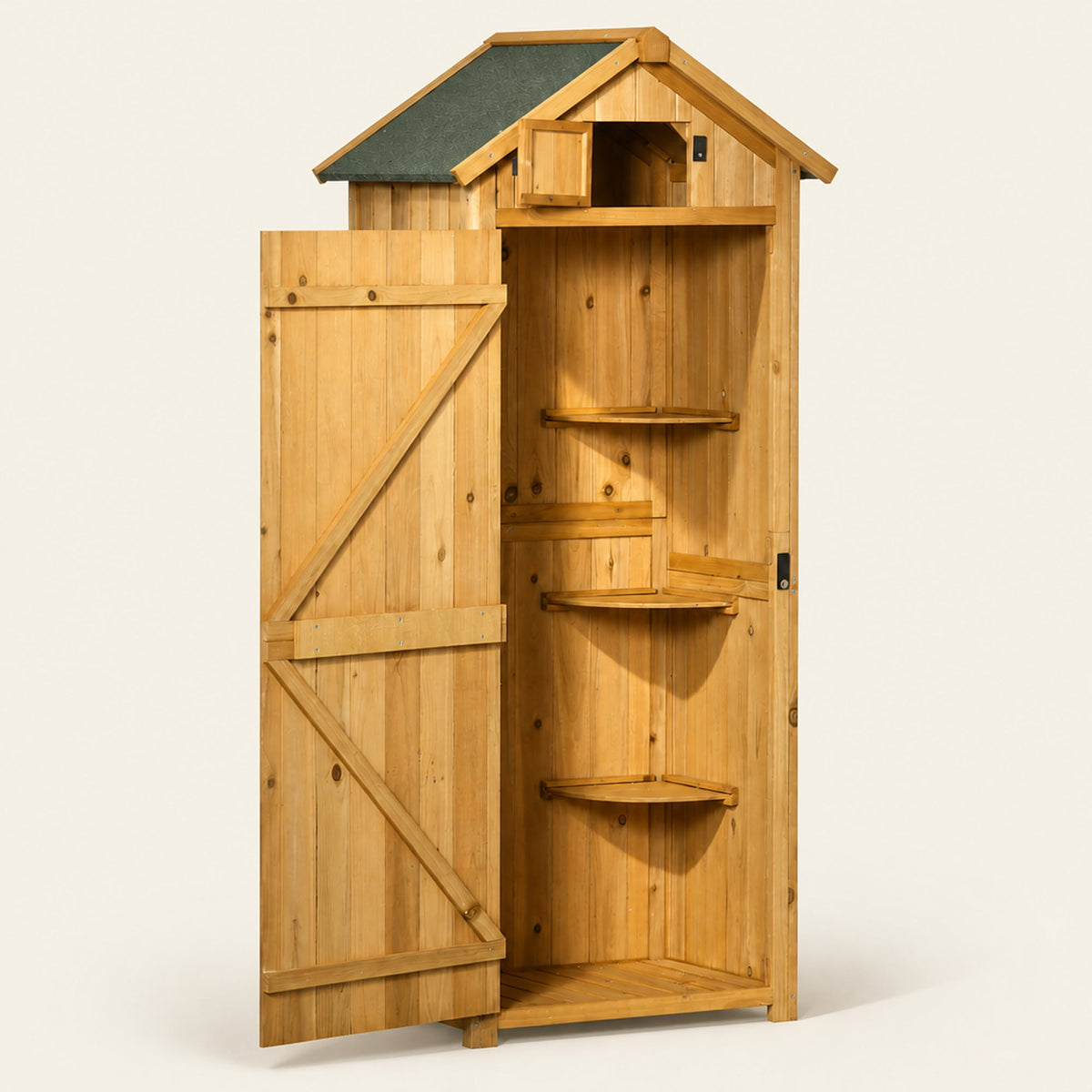 ROWAN Wooden Storage Cabinet w/ Shelves, Tilt Roof & Lockable Double Doors, Brown