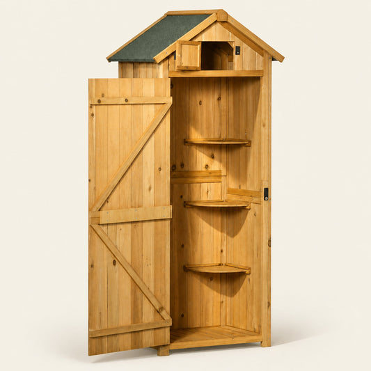 ROWAN Wooden Storage Cabinet w/ Shelves, Tilt Roof & Lockable Double Doors, Brown