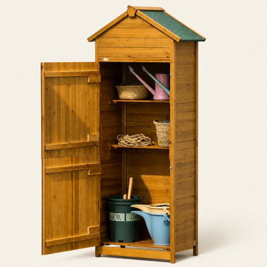 ROWAN Wooden Garden Storage Cabinet w/ 3 Shelves & 2 Lockable Doors, Natural Wood Effect