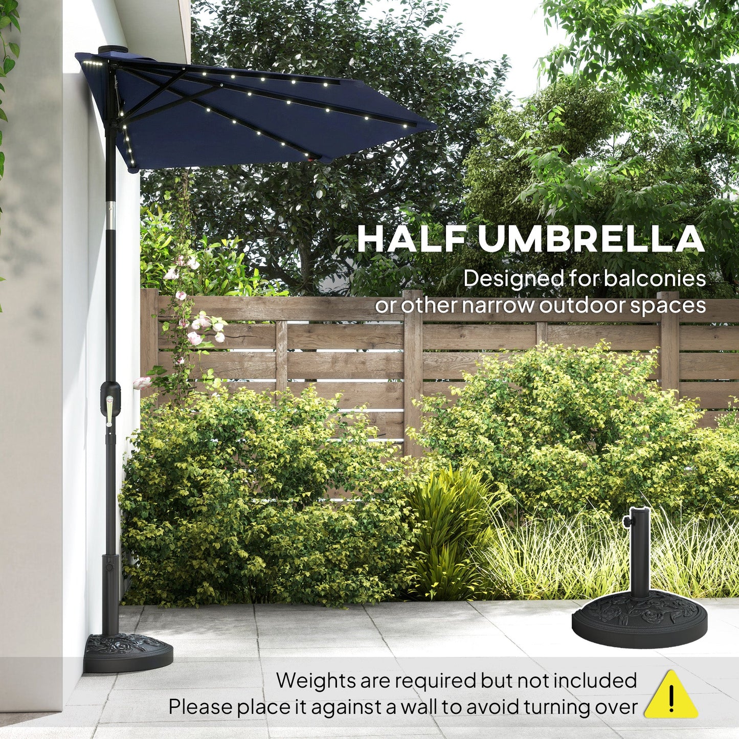 2.6 m Half Garden Parasol with Solar LED Lights, UPF50+ Semi Round Umbrella with 30° Tilt, Crank Handle, Metal Frame for Balcony, Dark Blue