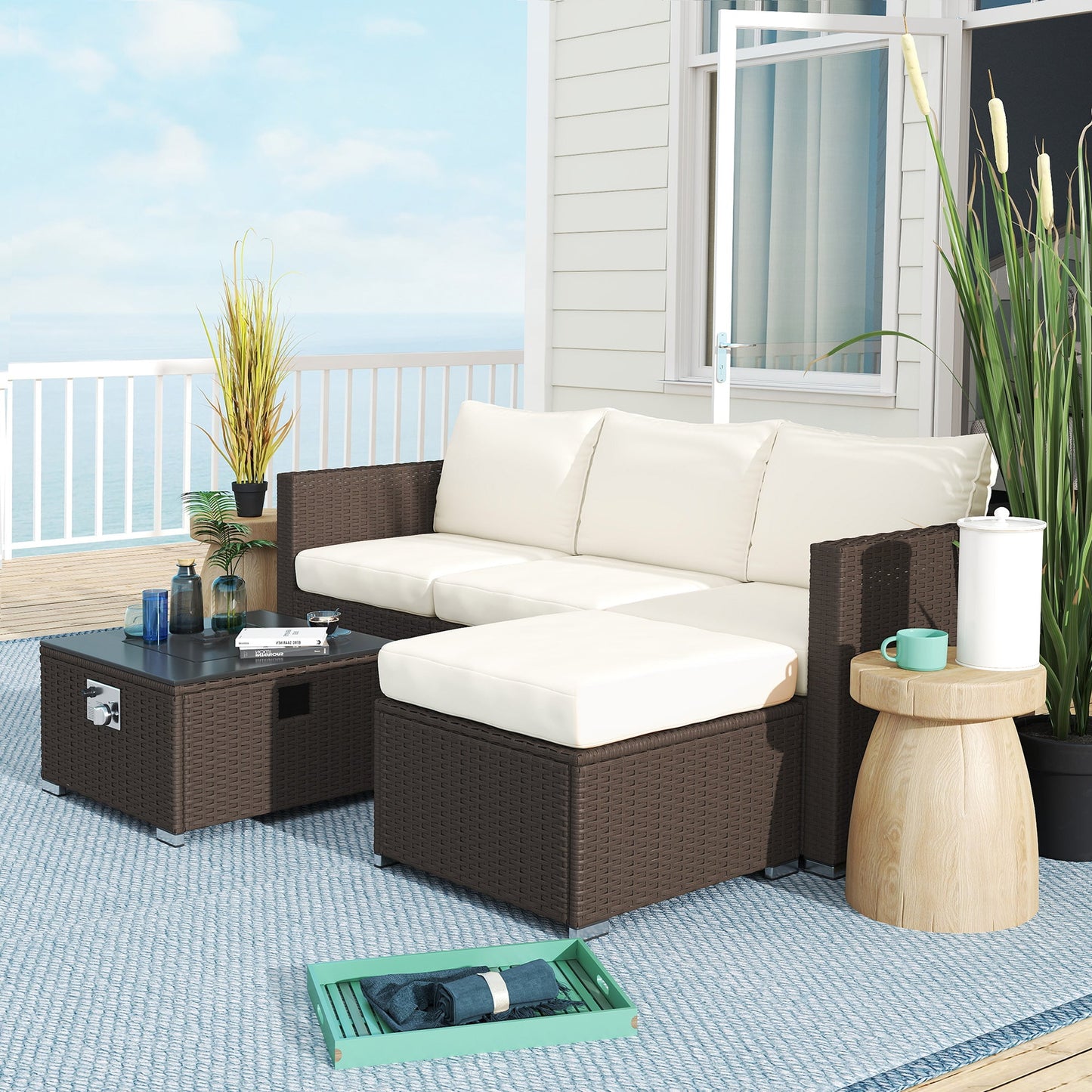 5 Piece Rattan Garden Furniture Set with Gas Fire Pit Table, 4 Seater Outdoor Sectional Sofa Set with Footstool and Removable Cushions, Modular Combination, Brown and Cream White