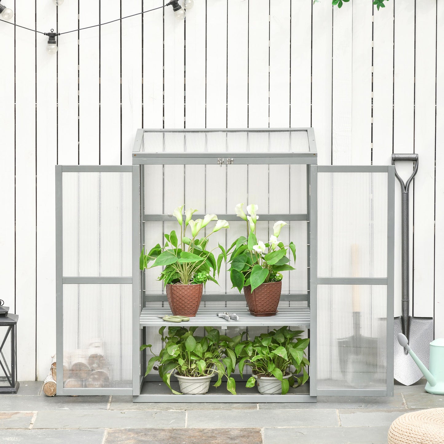 Wooden Cold Frame Greenhouse Polycarbonate Garden Grow House for Flower Vegetable Plants with Adjustable Shelf, Double Doors, 76 x 47 x 110cm, Light Grey