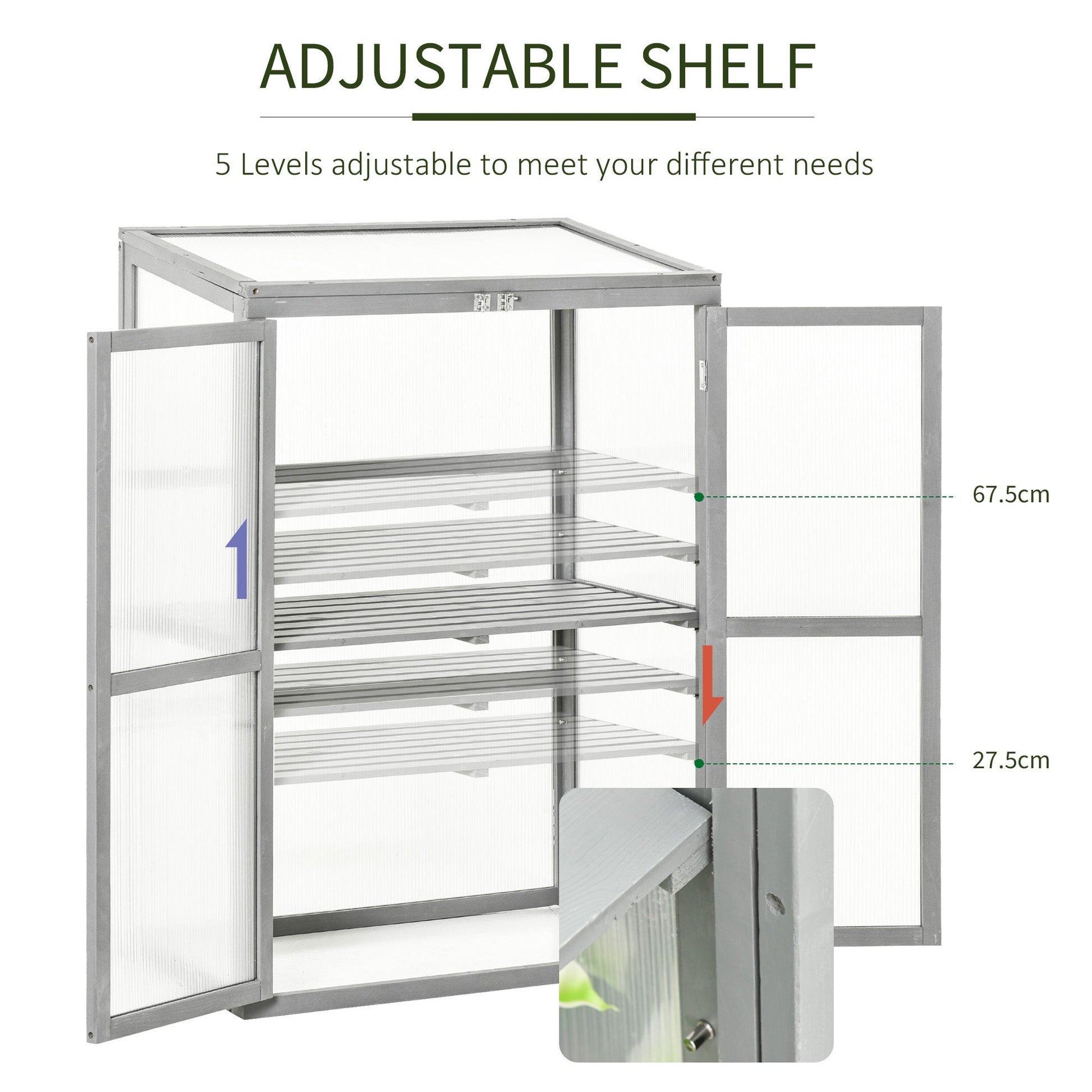 Wooden Cold Frame Greenhouse Polycarbonate Garden Grow House for Flower Vegetable Plants with Adjustable Shelf, Double Doors, 76 x 47 x 110cm, Light Grey