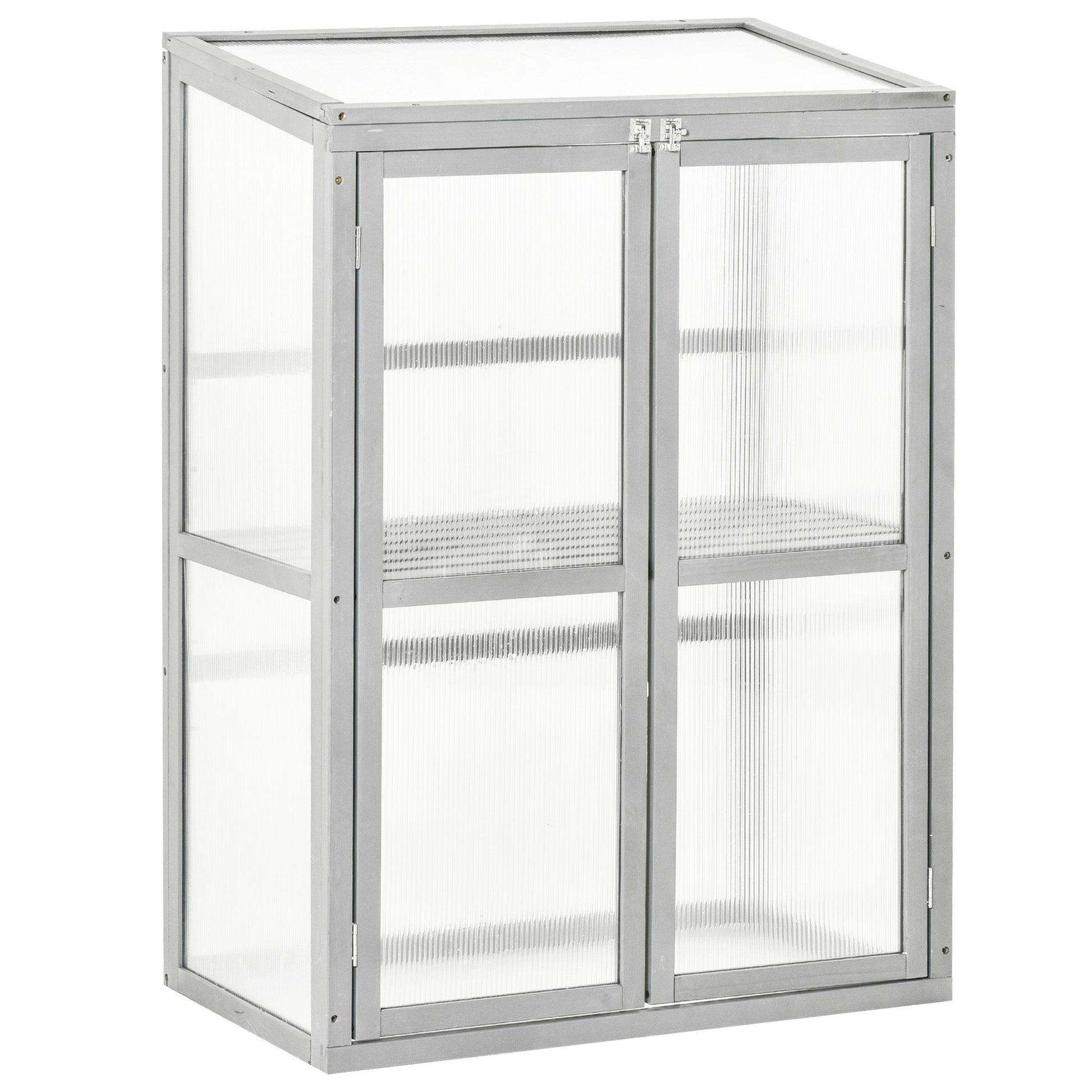 Wooden Cold Frame Greenhouse Polycarbonate Garden Grow House for Flower Vegetable Plants with Adjustable Shelf, Double Doors, 76 x 47 x 110cm, Light Grey