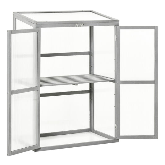 Wooden Cold Frame Greenhouse Polycarbonate Garden Grow House for Flower Vegetable Plants with Adjustable Shelf, Double Doors, 76 x 47 x 110cm, Light Grey