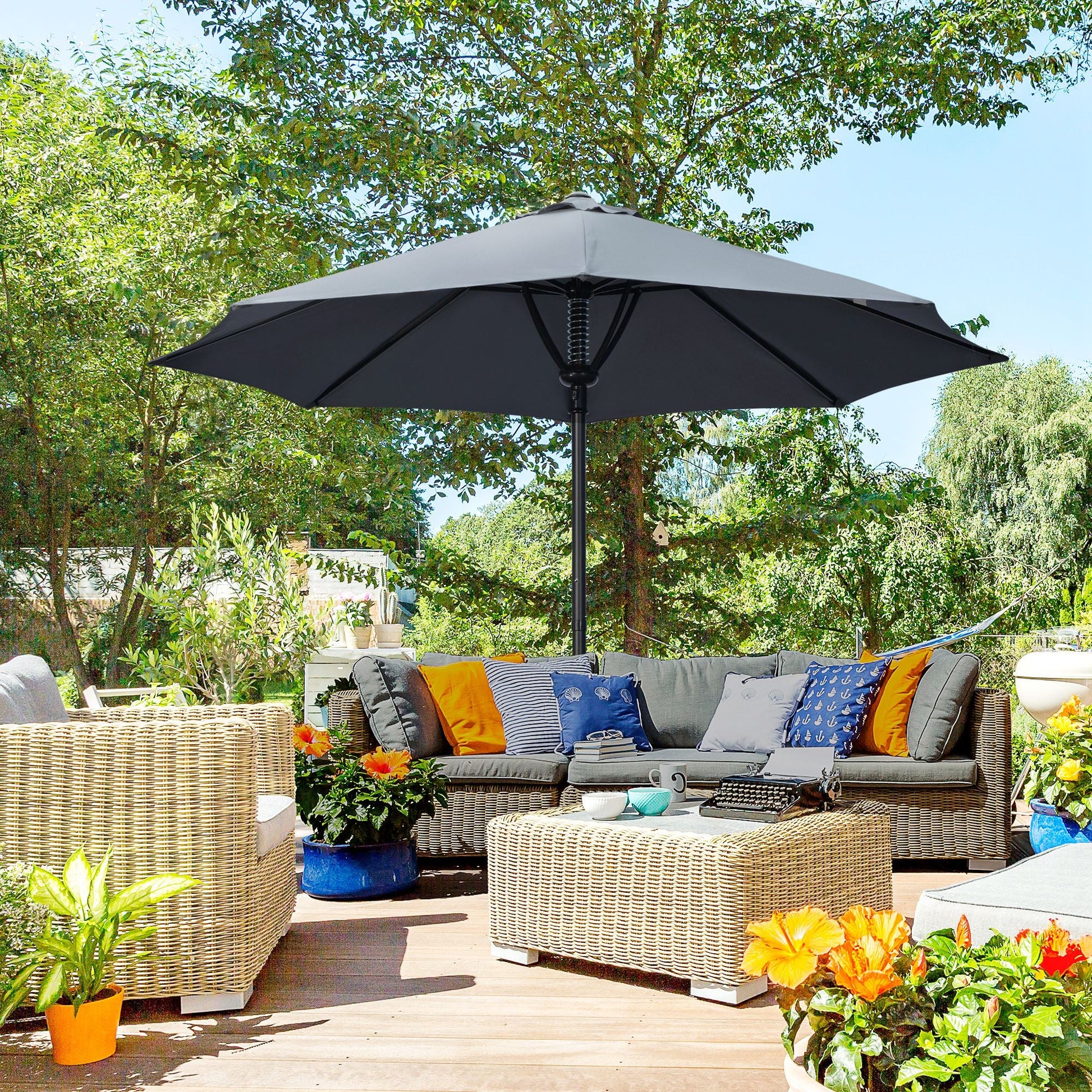 Garden 3(m) Parasol Umbrella, Outdoor Market Table Umbrella Sun Shade Canopy with 8 Ribs, Easy Push to Open, Grey