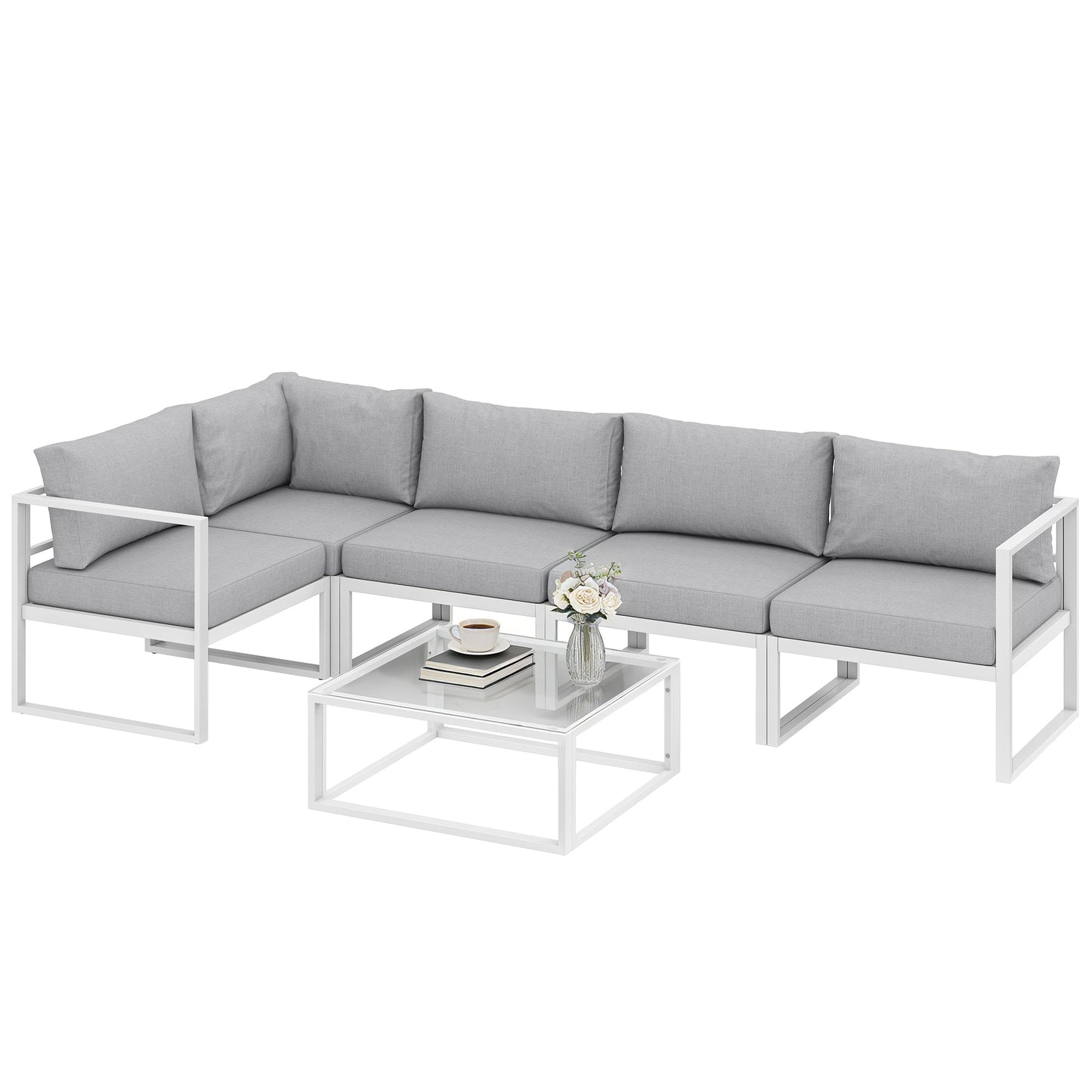 6 Seater Aluminium Garden Furniture Set, Extra Deep Garden Sofa Set with Coffee Table and Thick Cushions, Furniture Conversation Sets for Patio and Balcony, Outdoor, Light Grey