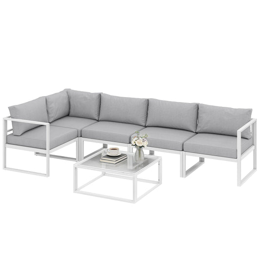 6 Seater Aluminium Garden Furniture Set, Extra Deep Garden Sofa Set with Coffee Table and Thick Cushions, Furniture Conversation Sets for Patio and Balcony, Outdoor, Light Grey