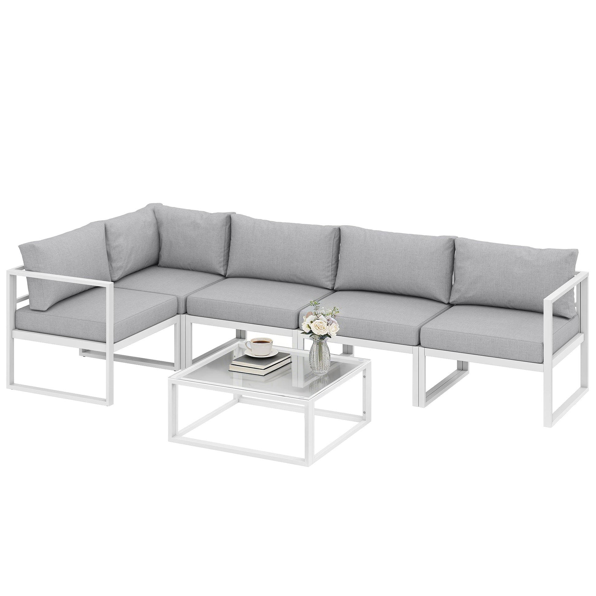 6 Seater Aluminium Garden Furniture Set, Extra Deep Garden Sofa Set with Coffee Table and Thick Cushions, Furniture Conversation Sets for Patio and Balcony, Outdoor, Light Grey