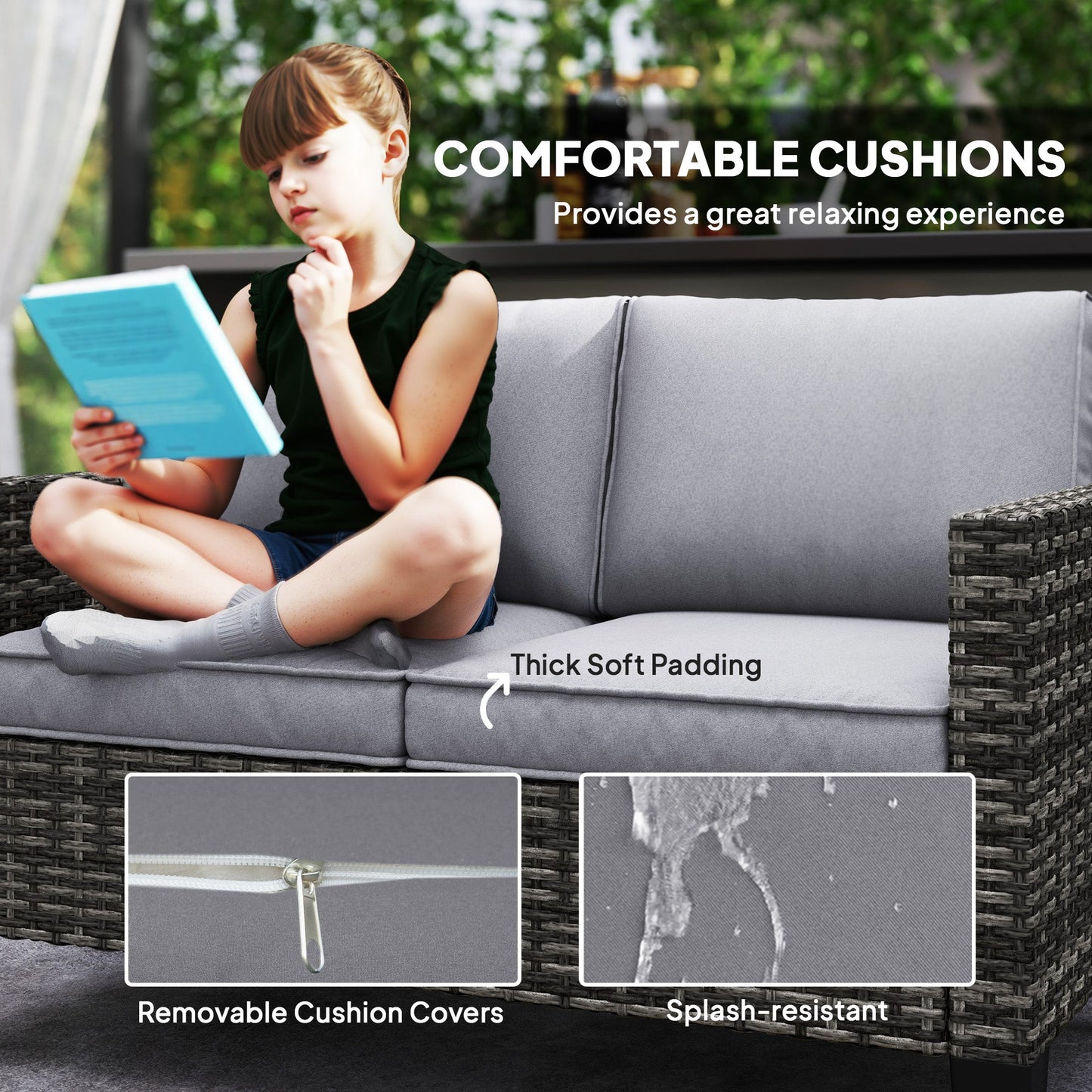 2 Seater Rattan Sofa with Cushions, Wicker Garden Loveseat with Armrests, Outdoor Garden Sofa Couch with Steel Frame for Balcony, Porch, Dark Grey