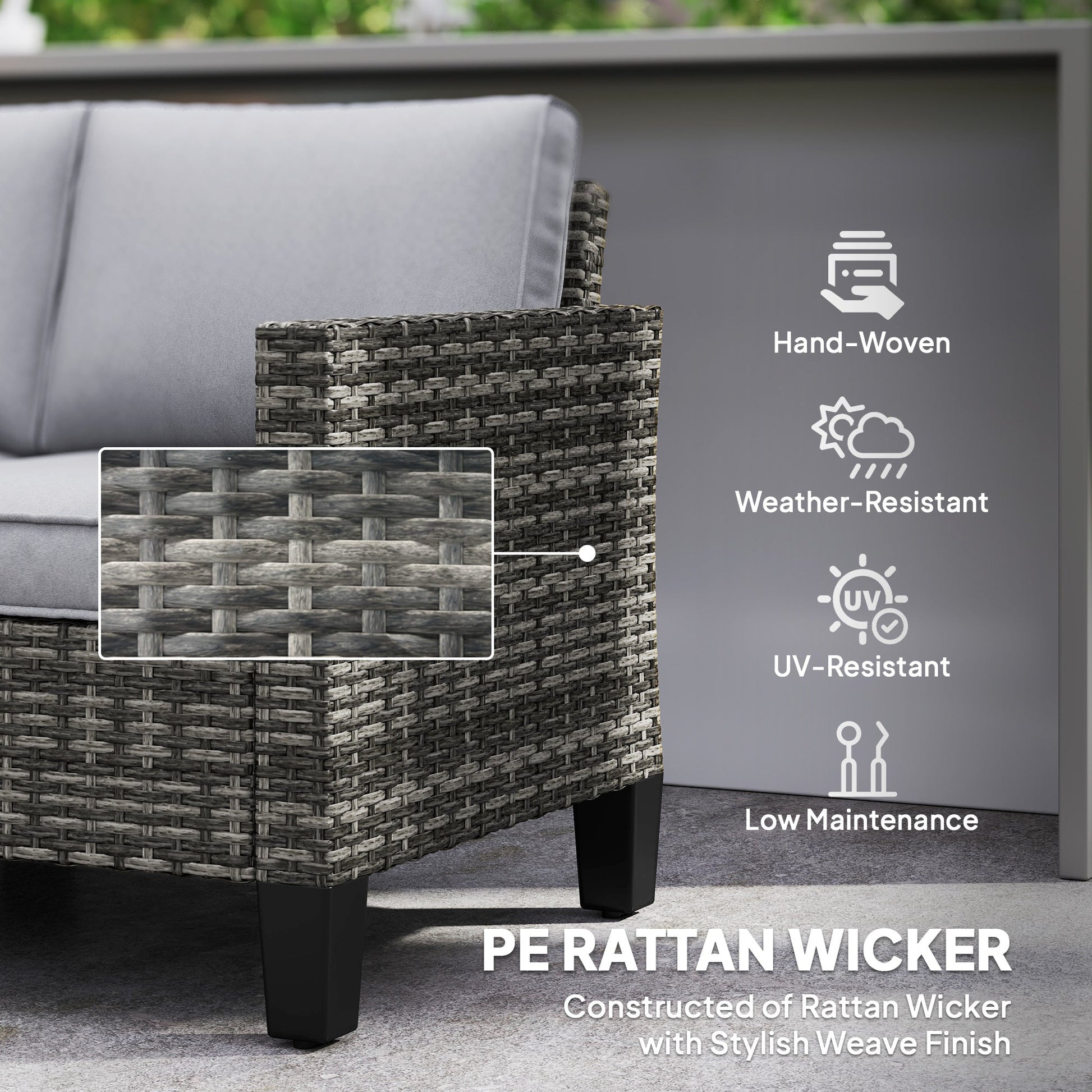 2 Seater Rattan Sofa with Cushions, Wicker Garden Loveseat with Armrests, Outdoor Garden Sofa Couch with Steel Frame for Balcony, Porch, Dark Grey