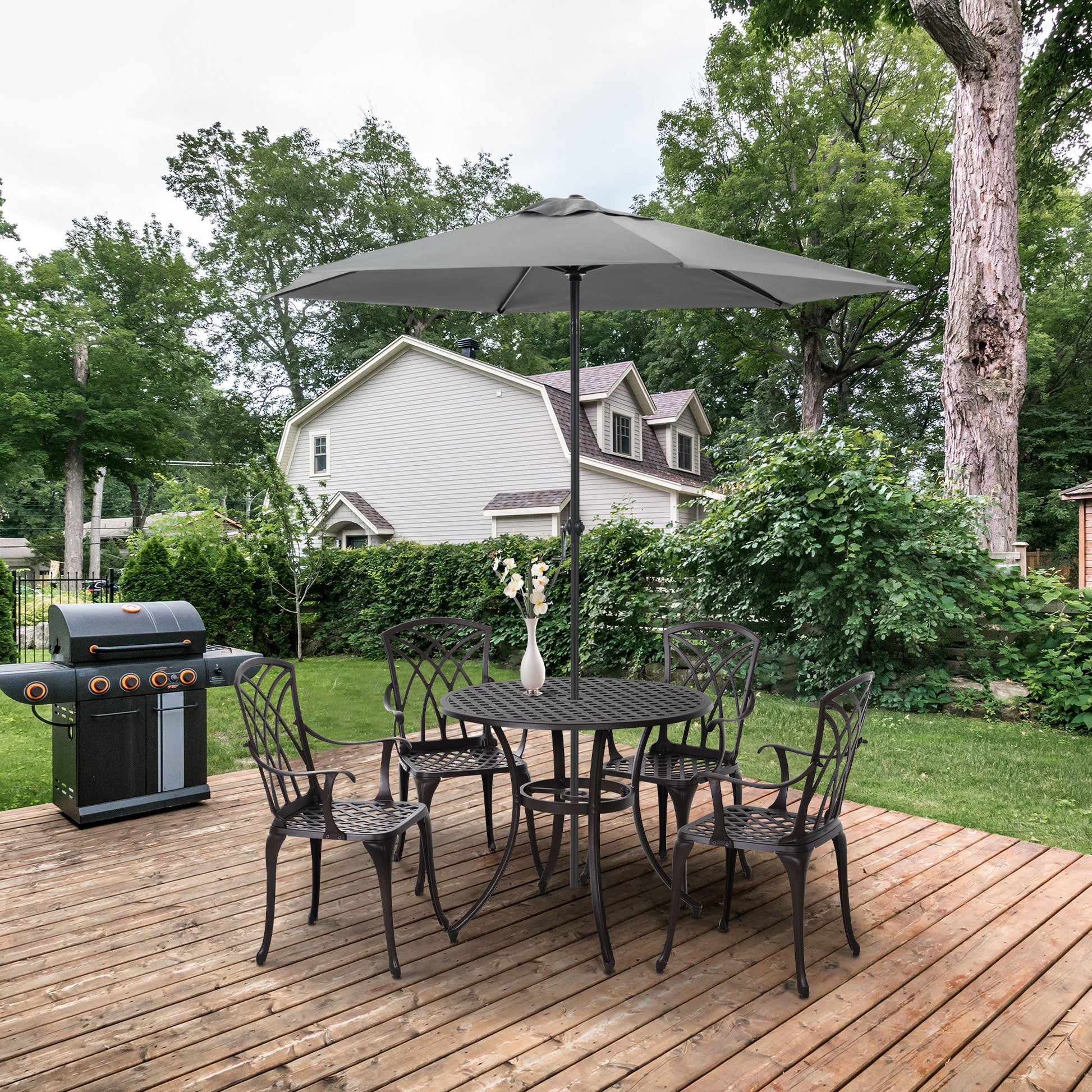 5 Pieces Garden Dining Set for 4, Cast Aluminium Outdoor Dining Set with 4 Armchairs and Round Dining Table with Parasol Hole, Garden Furniture Set, Brown