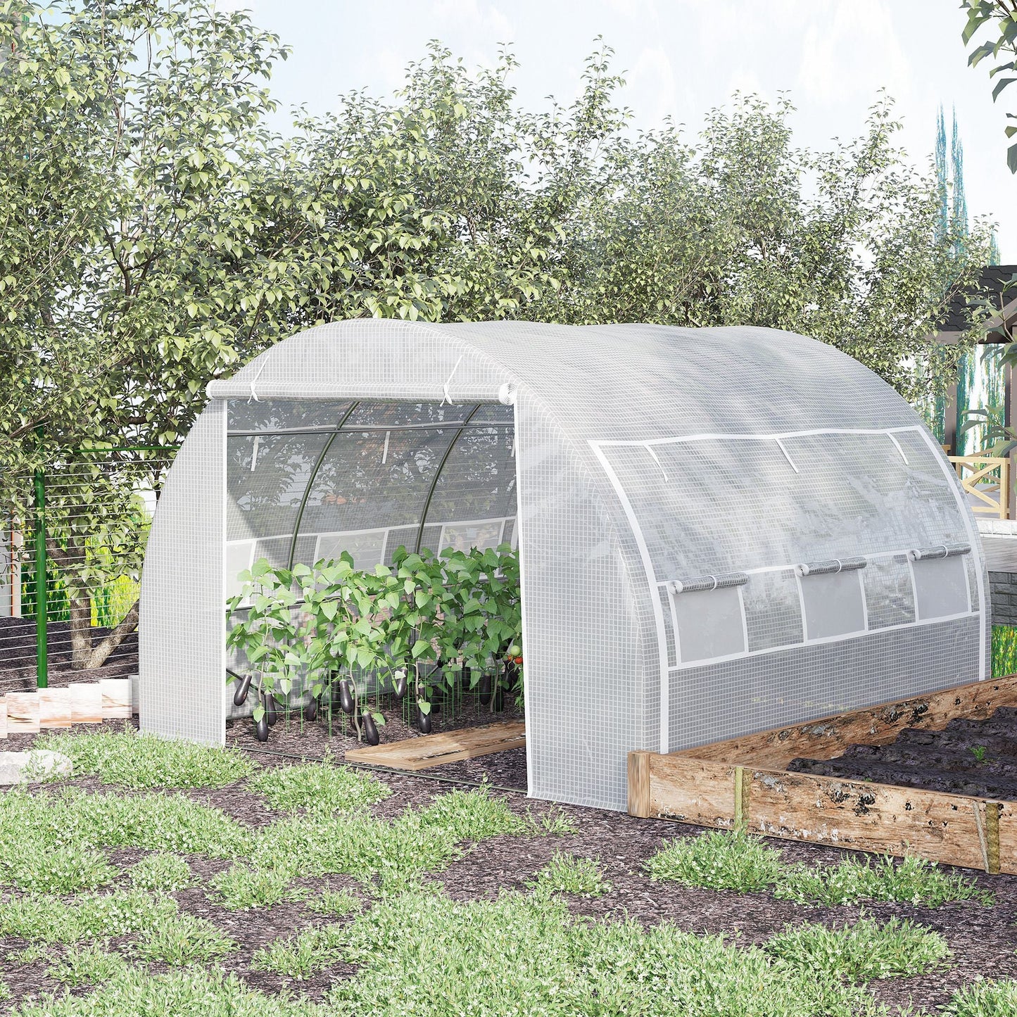 3 x 3 x 2 m Polytunnel Greenhouse with Roll-up Side Walls, Walk-in Grow House Tent with Steel Frame, Reinforced Cover, Zipped Door and 6 Mesh Windows for Garden, White
