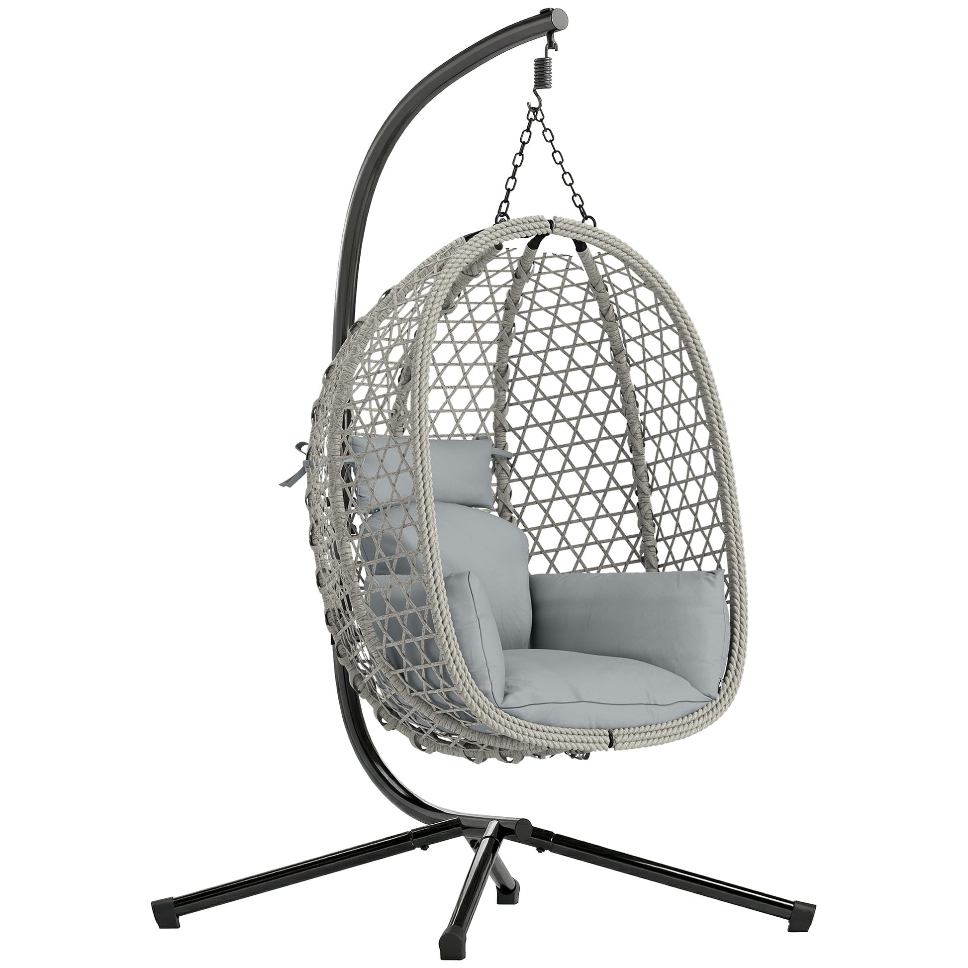 Hanging Egg Chair, Indoor Outdoor Rattan Hammock Swing Chair with Stand, Safety Strap, Foldable Basket, Thick Cushion, Headrest, Metal Frame for Garden Balcony Patio Lounge Porch, Light Grey
