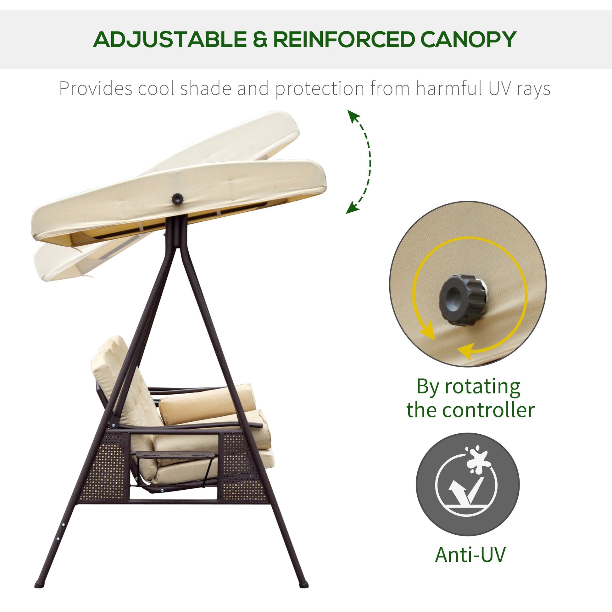 3 Seater Canopy Swing Chair, Outdoor Garden Swing Seat with Adjustable Canopy, Cushions and Cup Trays, Steel Frame, Beige
