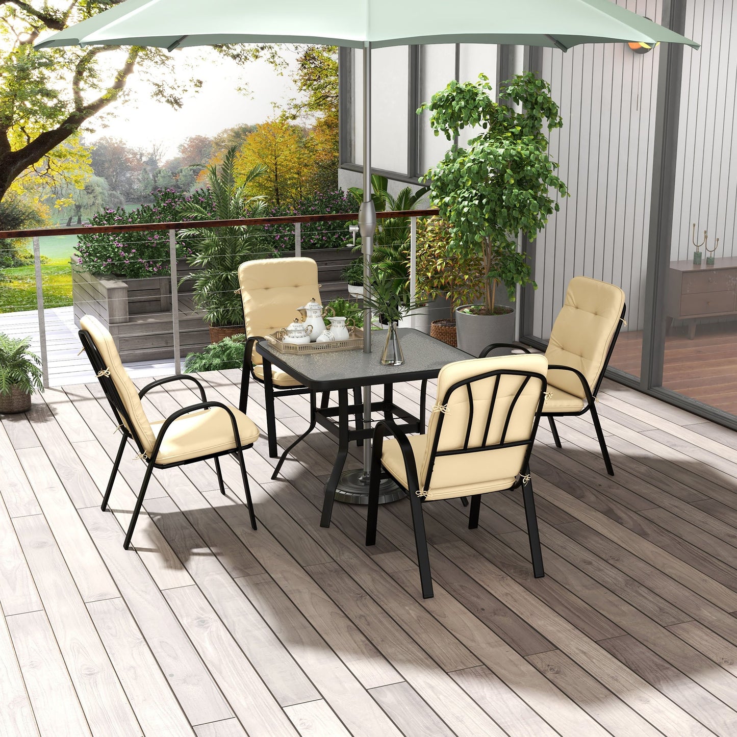 5 Pieces Garden Dining Set, Outdoor Square Dining Table and 4 Cushioned Armchairs, Tempered Glass Top Table w/ Umbrella Hole, Texteline Seats, Beige