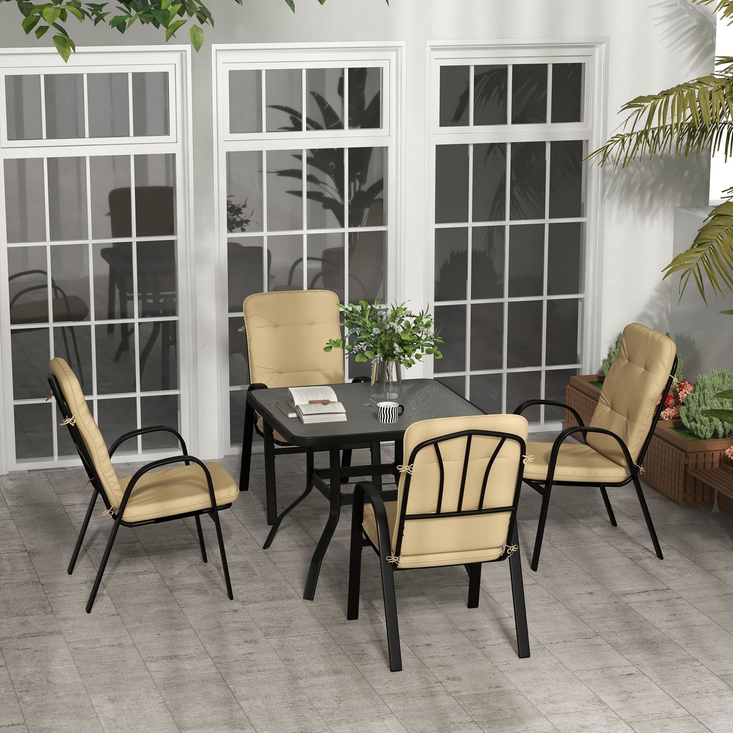 5 Pieces Garden Dining Set, Outdoor Square Dining Table and 4 Cushioned Armchairs, Tempered Glass Top Table w/ Umbrella Hole, Texteline Seats, Beige