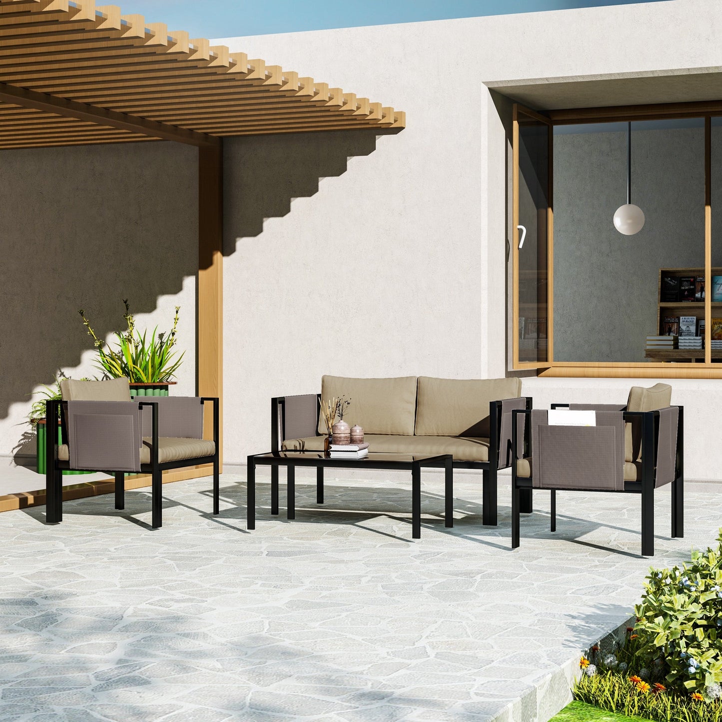 4 Piece Metal Garden Furniture Set with Tempered Glass Coffee Table, Texteline Pocket, Outdoor Set Loveseat Single Armchairs with Padded Cushions, Khaki