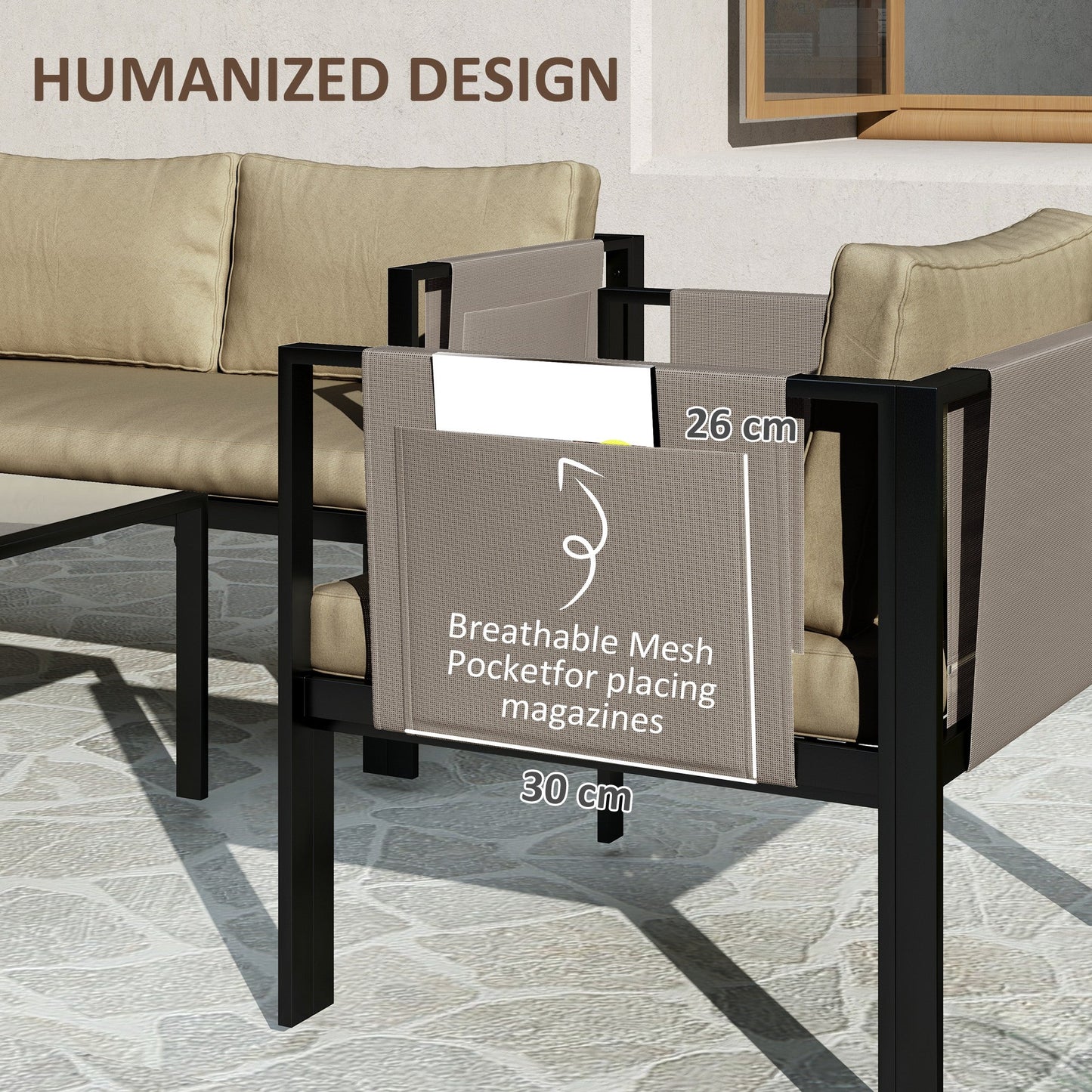 4 Piece Metal Garden Furniture Set with Tempered Glass Coffee Table, Texteline Pocket, Outdoor Set Loveseat Single Armchairs with Padded Cushions, Khaki