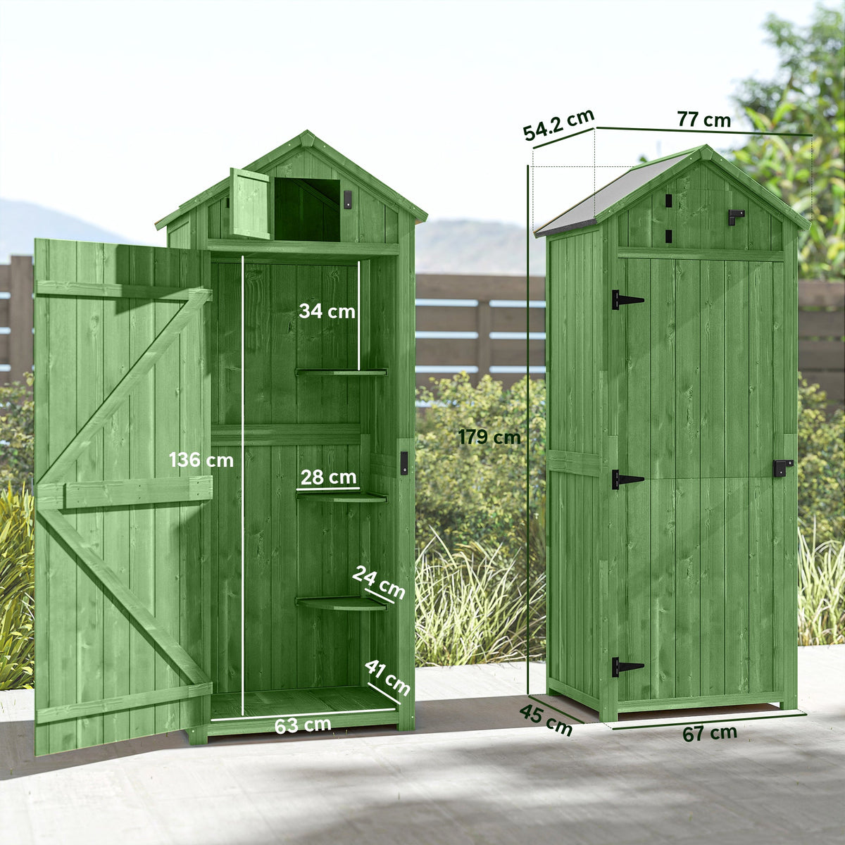 Wooden Outdoor Storage Cabinet with Shelves Tilt Roof & Lockable Double Doors Dark Green
