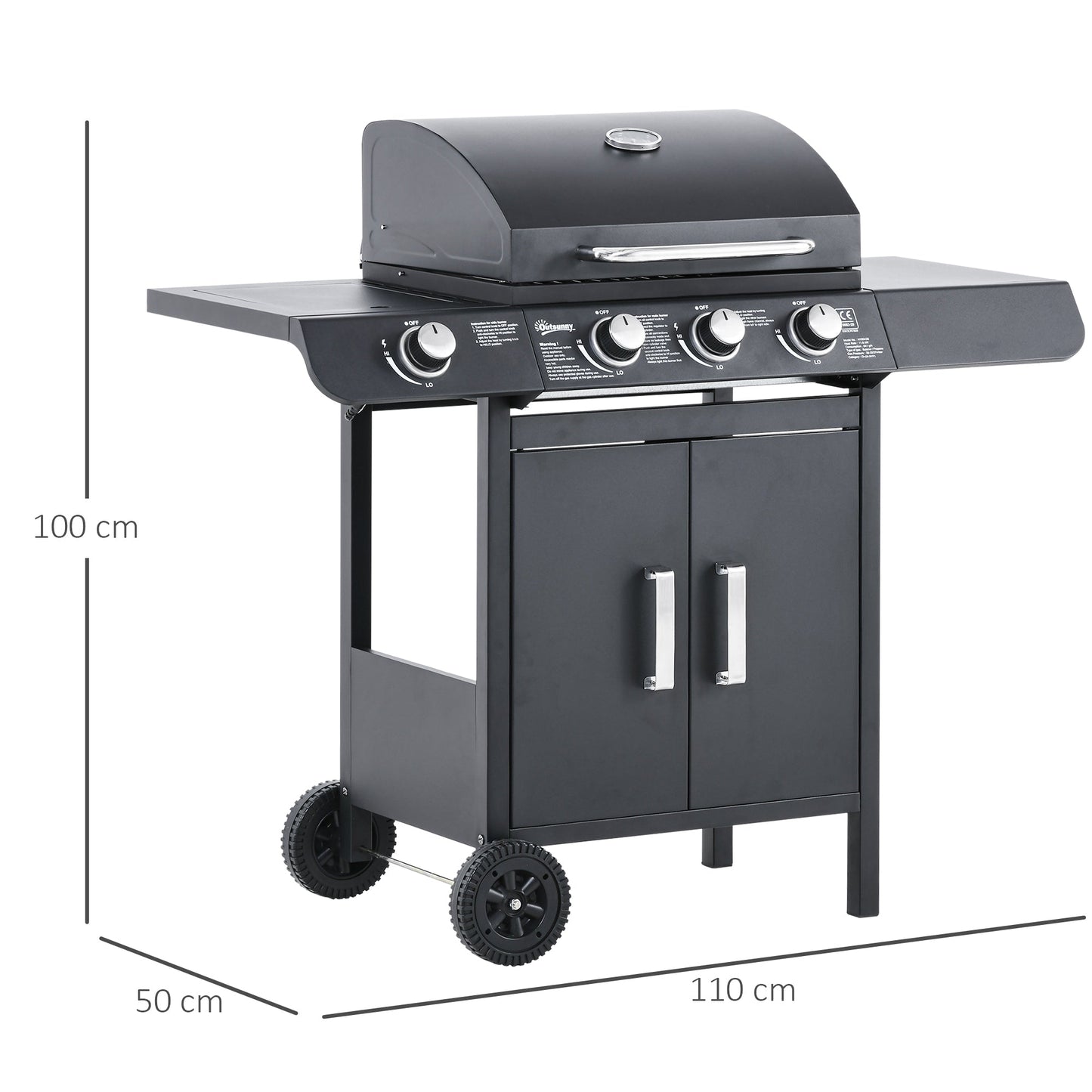 3+1 Burner Gas BBQ Gril with Side Burner, Warming Rack & Thermometer, 110 x 50 x 100cm, Grey