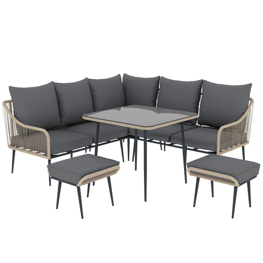 6 Piece Garden Furniture Set, Garden Corner Sofa Set with Thickened Cushions, Outdoor Patio Furniture Set with Glass Top Table, Footstools for Conservatory, Light Brown