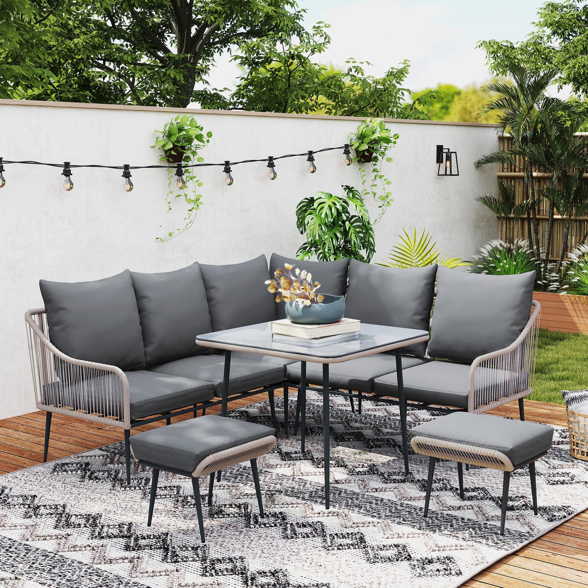6 Piece Garden Furniture Set, Garden Corner Sofa Set with Thickened Cushions, Outdoor Patio Furniture Set with Glass Top Table, Footstools for Conservatory, Light Brown
