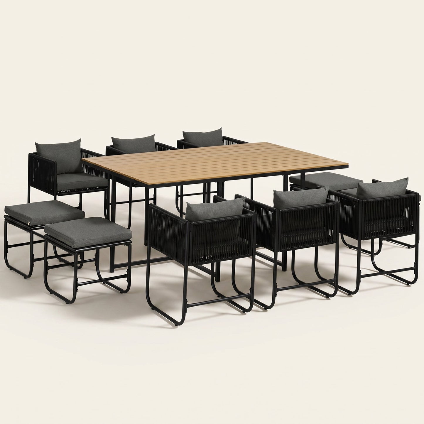 ARVOYA 10 Seater Rattan Garden Furniture Set with 6 Armchairs, 4 Stools & Wood Grain Top Table, Black