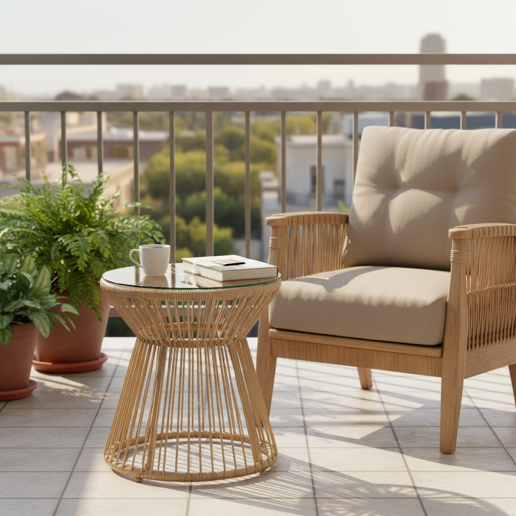 ARVOYA Round PE Rattan Side Table with Tempered Glass Top & Hollow Drum Design, Natural