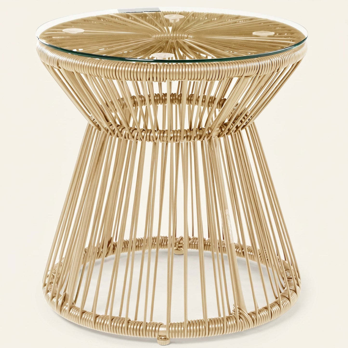 ARVOYA Round PE Rattan Side Table with Tempered Glass Top & Hollow Drum Design, Natural
