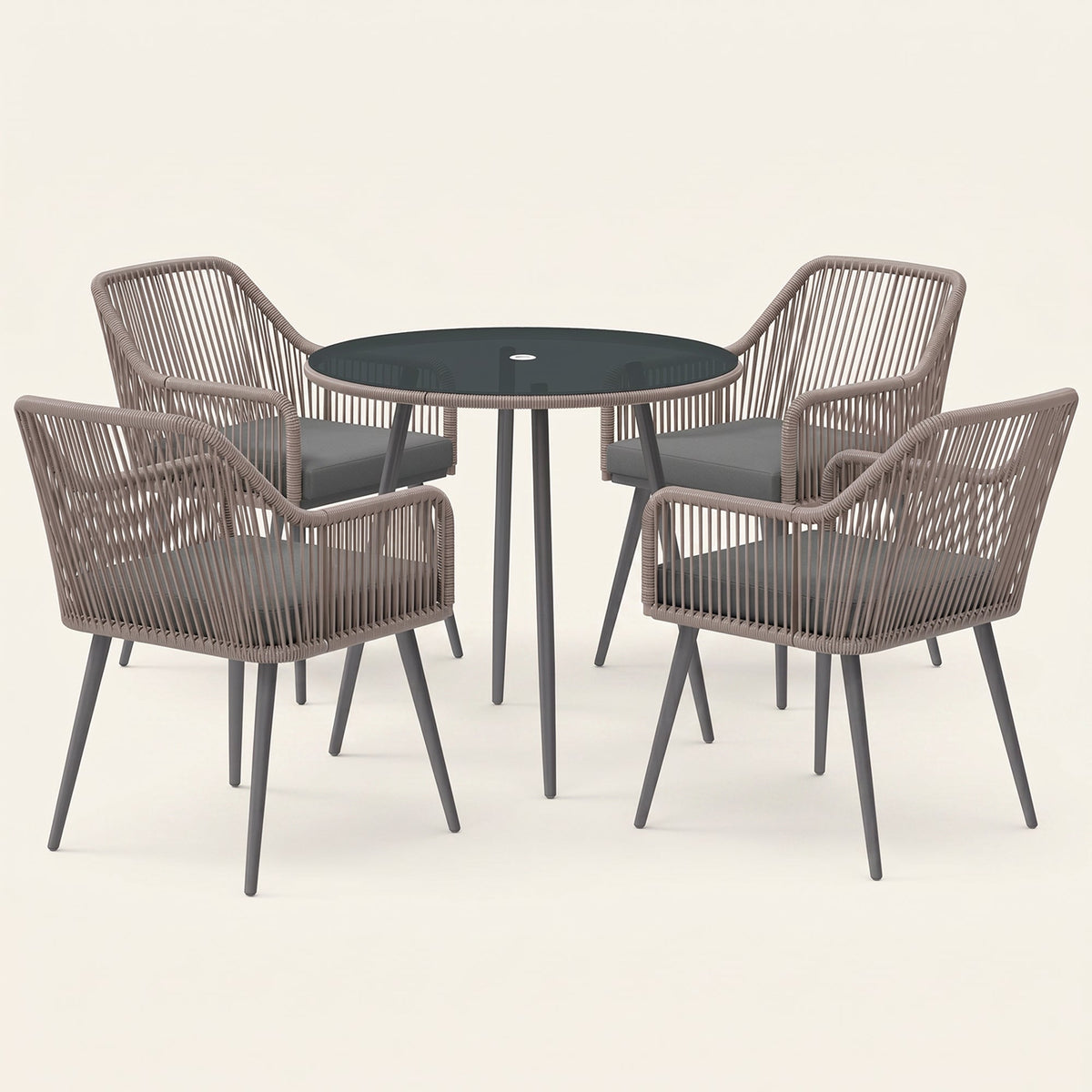 ARVOYA 4 Seater Rattan Dining Set with Parasol Hole & Cushions for Patio, Garden, Light Brown