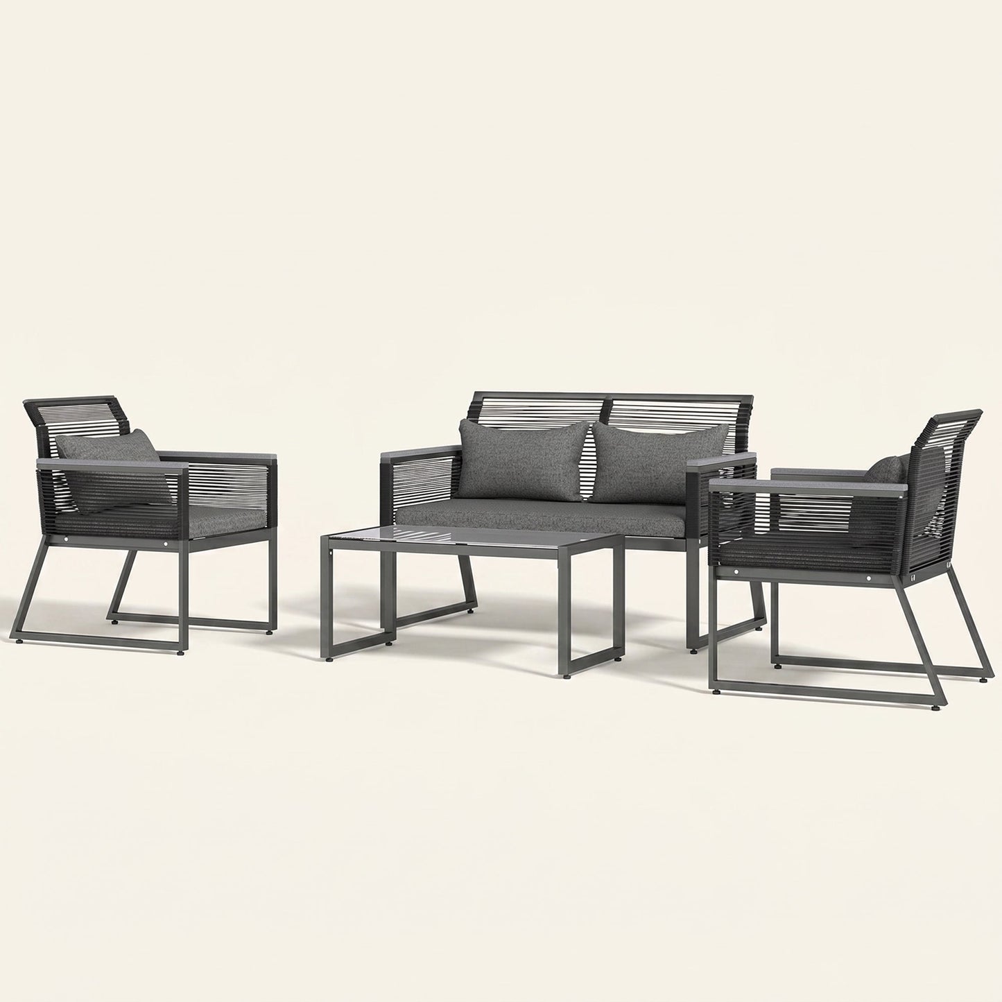 ARVOYA 4 Piece Rattan Garden Furniture Set with Cushions & Glass Top Table, Charcoal Grey