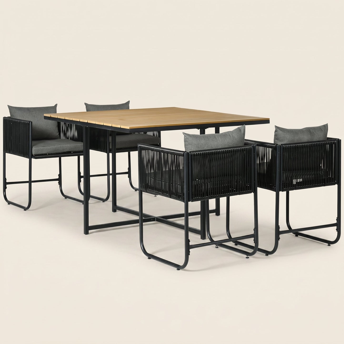 ARVOYA 4 Seater Rattan Garden Furniture Set with Armchairs, Cushions & Wood Grain Top Table, Black