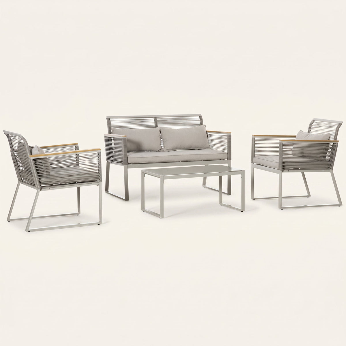 ARVOYA 4 Piece Rattan Garden Furniture Set with Cushions & Glass Top Table, Grey