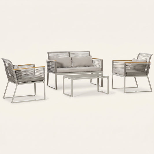 ARVOYA 4 Piece Rattan Garden Furniture Set with Cushions & Glass Top Table, Grey