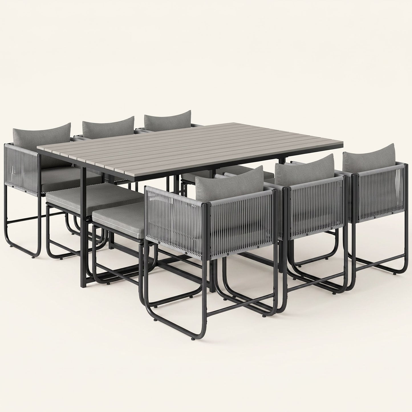 ARVOYA 10 Seater Rattan Garden Furniture Set with 6 Armchairs, 4 Stools & Wood Grain Top Table, Grey