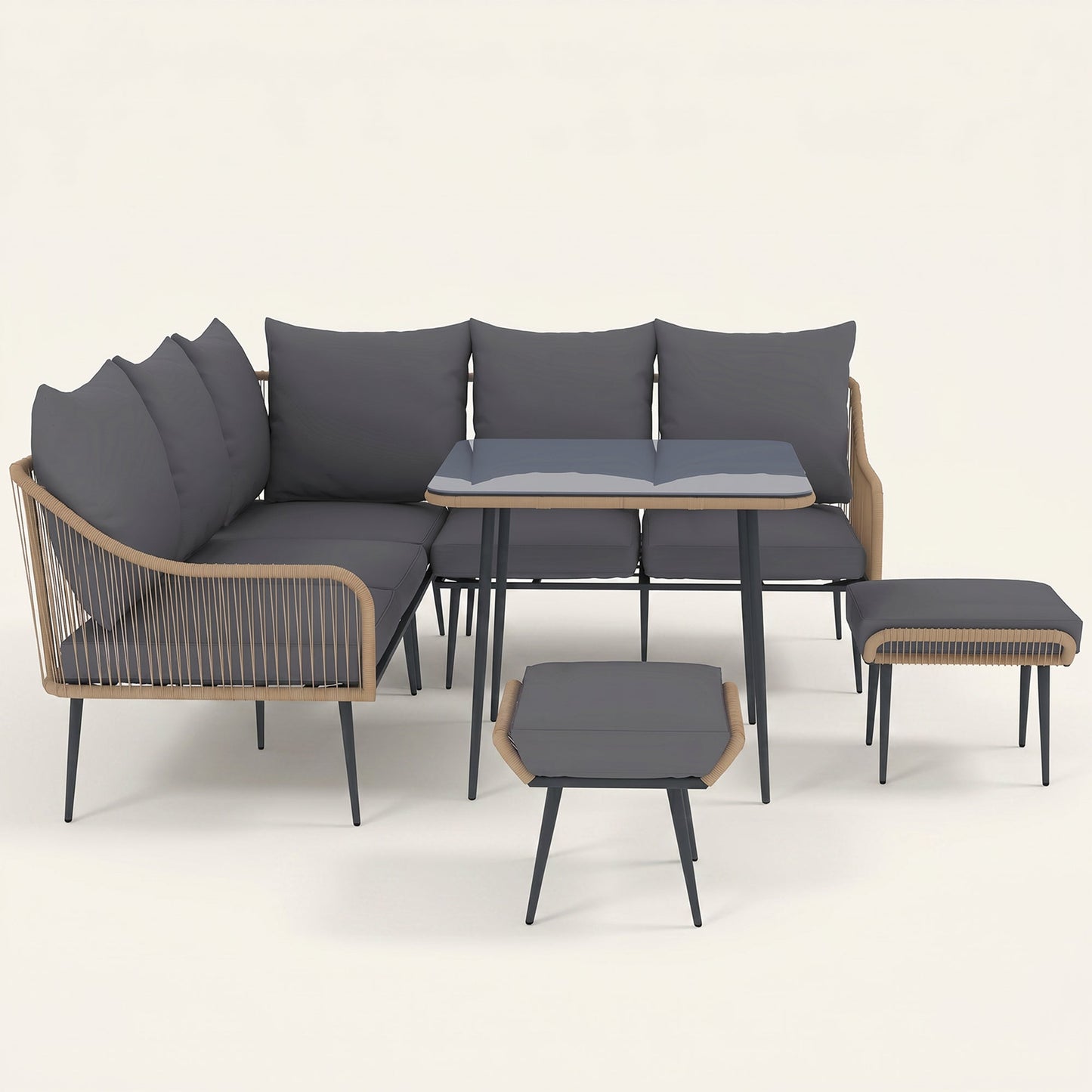 ARVOYA 6 Pieces Garden Corner Rattan Sofa Set w/ Thickened Cushions and Glass Top Table, Light Brown
